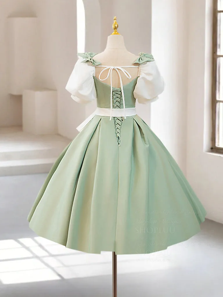 A-Line Puff Sleeves Satin Green Short Prom Dress, Cute Homecoming Dress