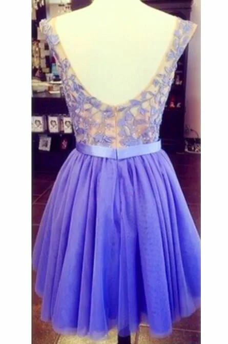 A Line Round Neck Short Purple Prom Dress, Short Purple Homecoming Dress, Lace Graduation Dress