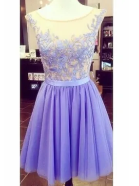 A Line Round Neck Short Purple Prom Dress, Short Purple Homecoming Dress, Lace Graduation Dress