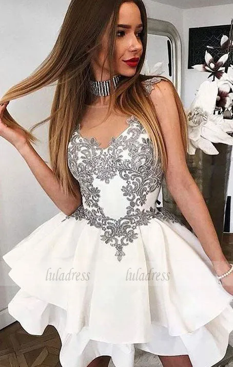 A-Line Round Neck Short White Tiered Homecoming Dress with Appliques,BD99512