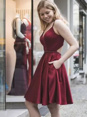 A Line V Neck Short Burgundy Prom with Pocket, Short Burgundy Formal Graduation Homecoming, Burgundy Cocktail