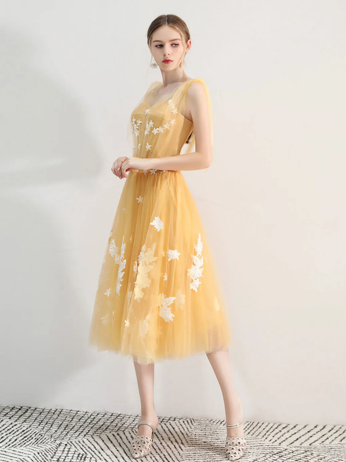 A-Line Yellow Tulle lace Short Prom Dress, Yellow Homecoming Dress