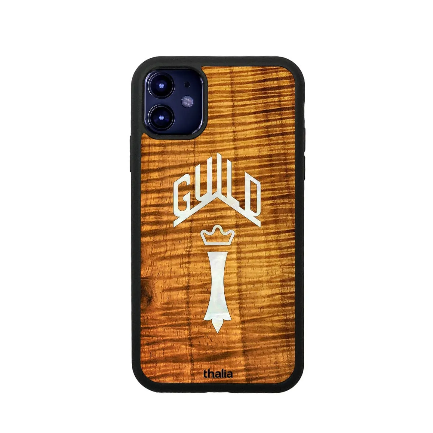 AAA Curly Hawaiian Koa & Guild Chesterfield Pearl Logo | iPhone Case