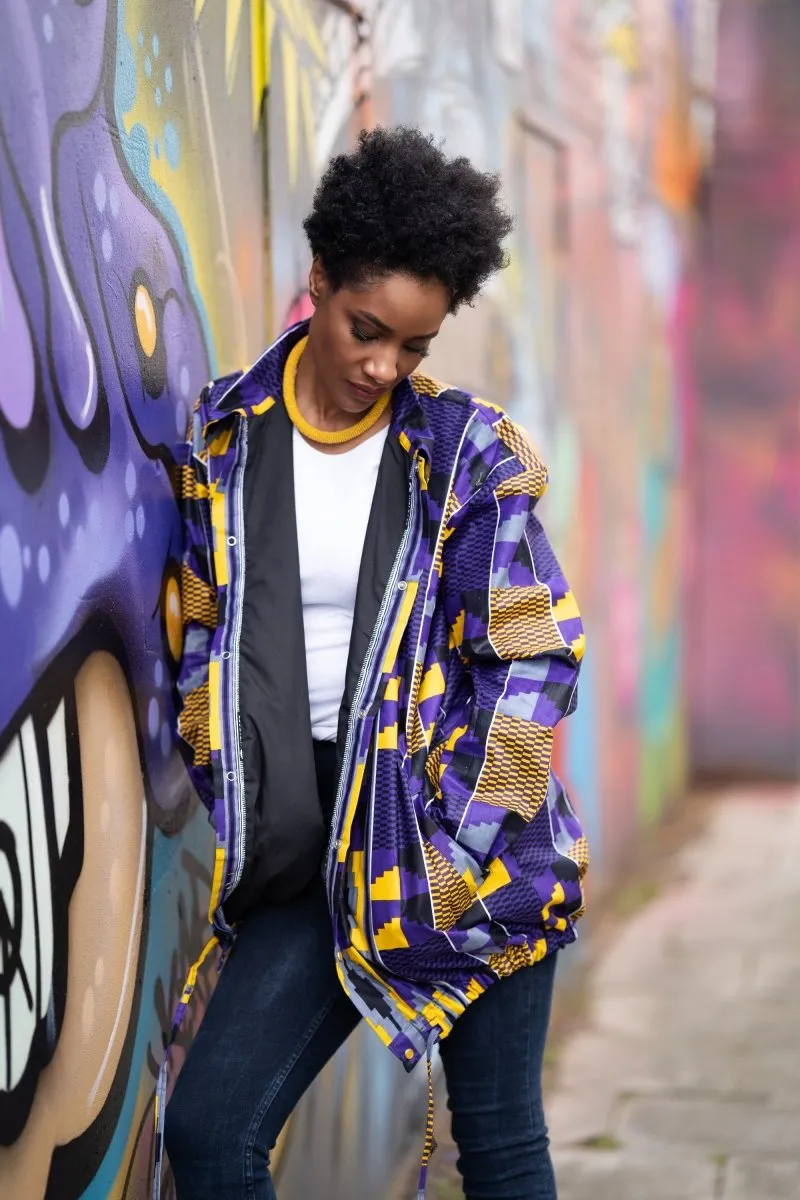 African Puffer Jacket In Purple Kente