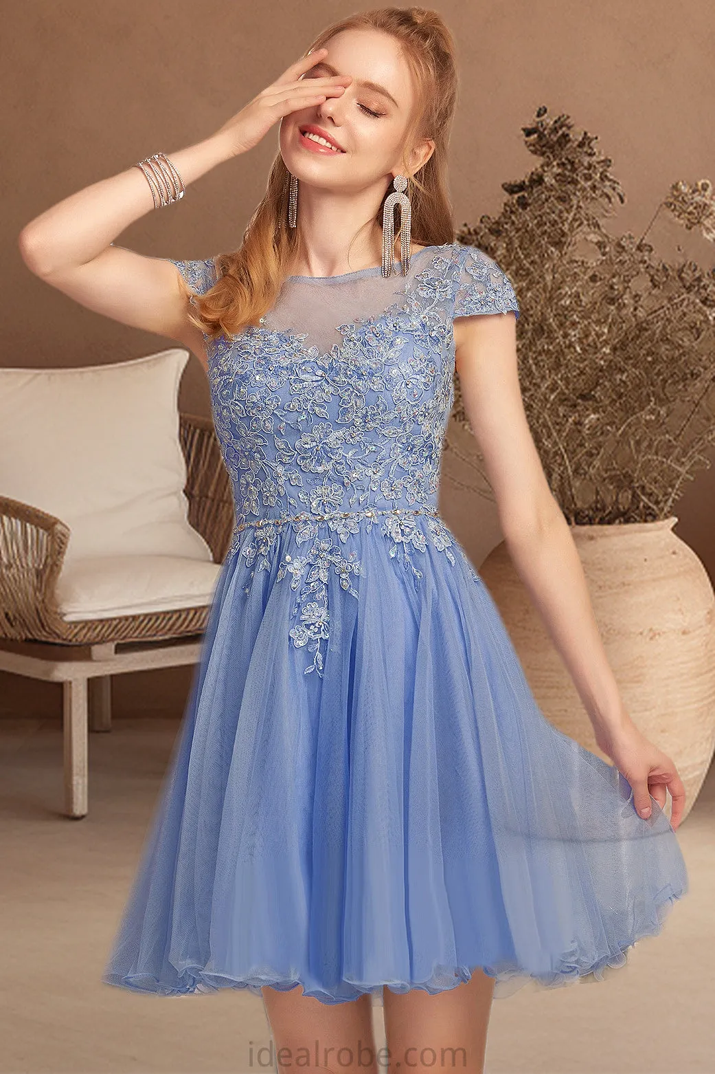 Amara A-line Scoop Short/Mini Tulle Homecoming Dress With Beading Appliques Lace STKP0020547