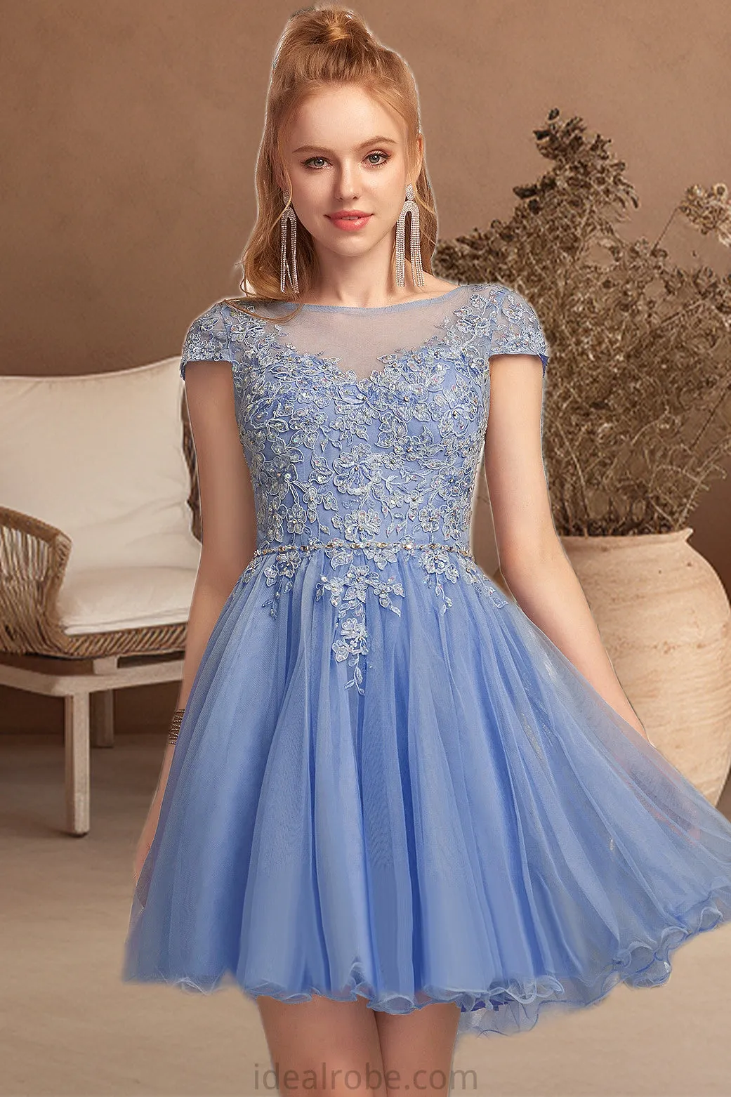 Amara A-line Scoop Short/Mini Tulle Homecoming Dress With Beading Appliques Lace STKP0020547