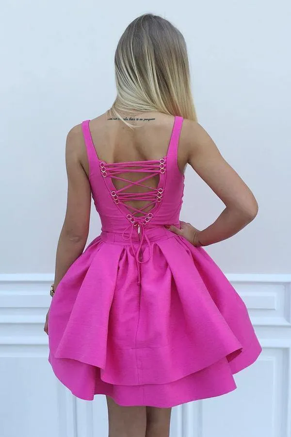 Ball Gown Scoop Eyelet Lace up Fuchsia Short Prom Dress Satin Cute Mini Homecoming Dress