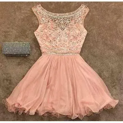 Beaded Homecoming dress Short Chiffon Cute Sleeveless Tulle Prom Dress