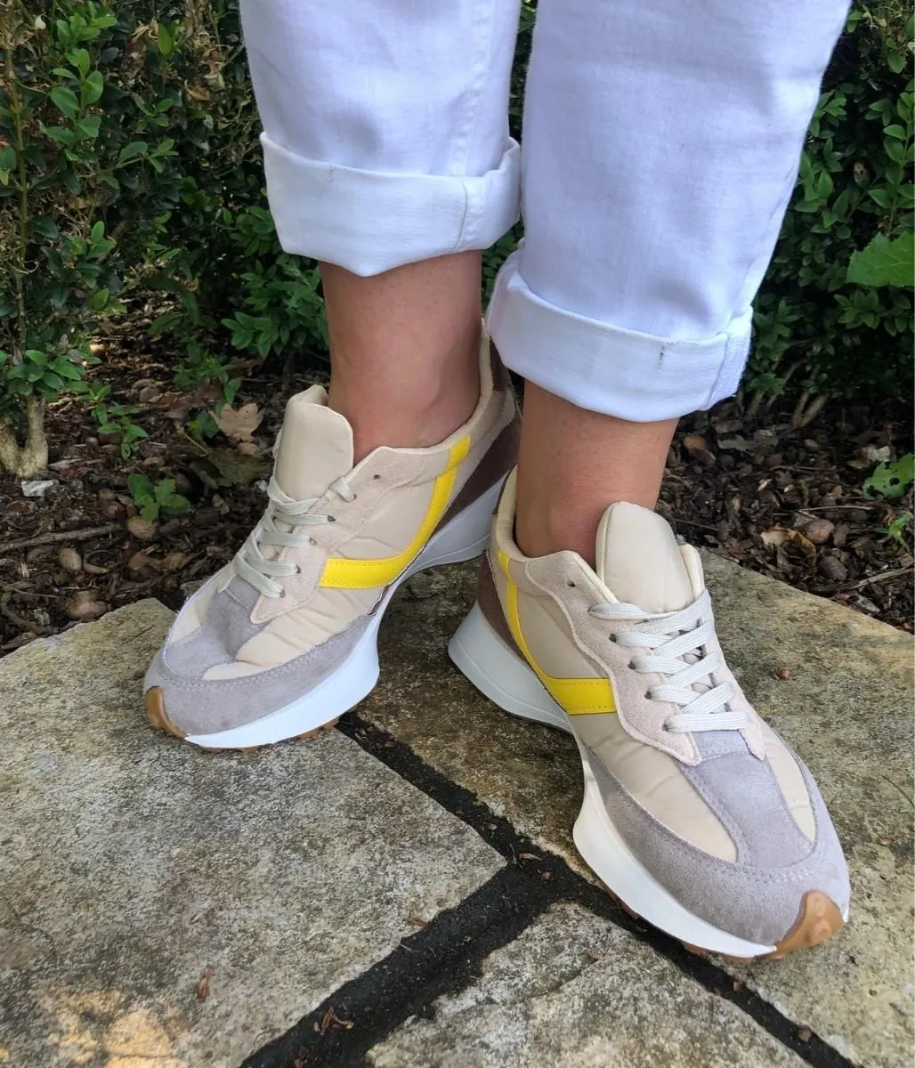 Beige & Yellow Trim Trainers