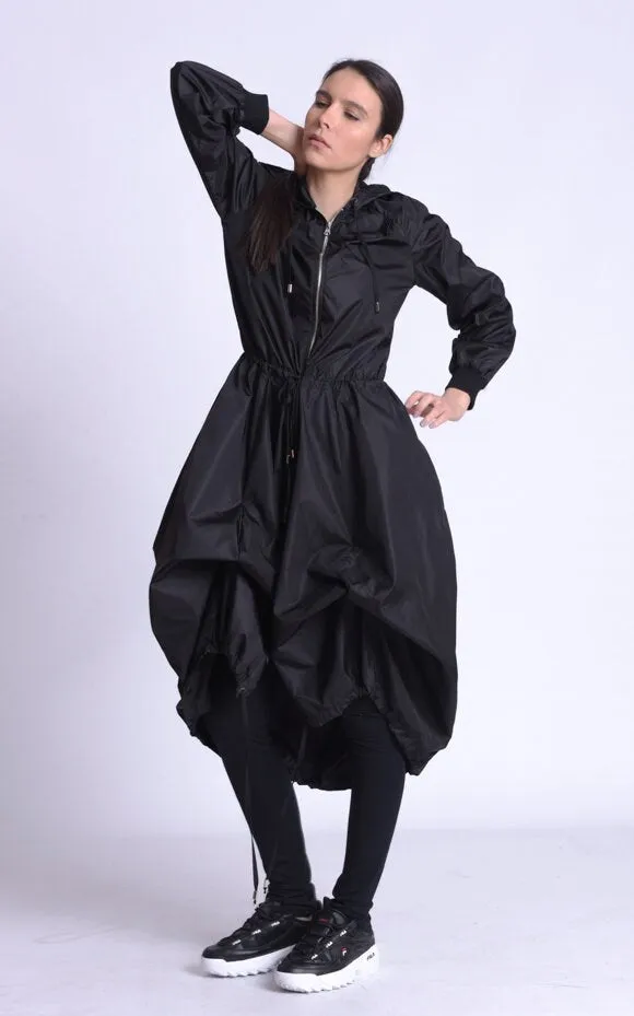 Black Asymmetric Hooded Raincoat