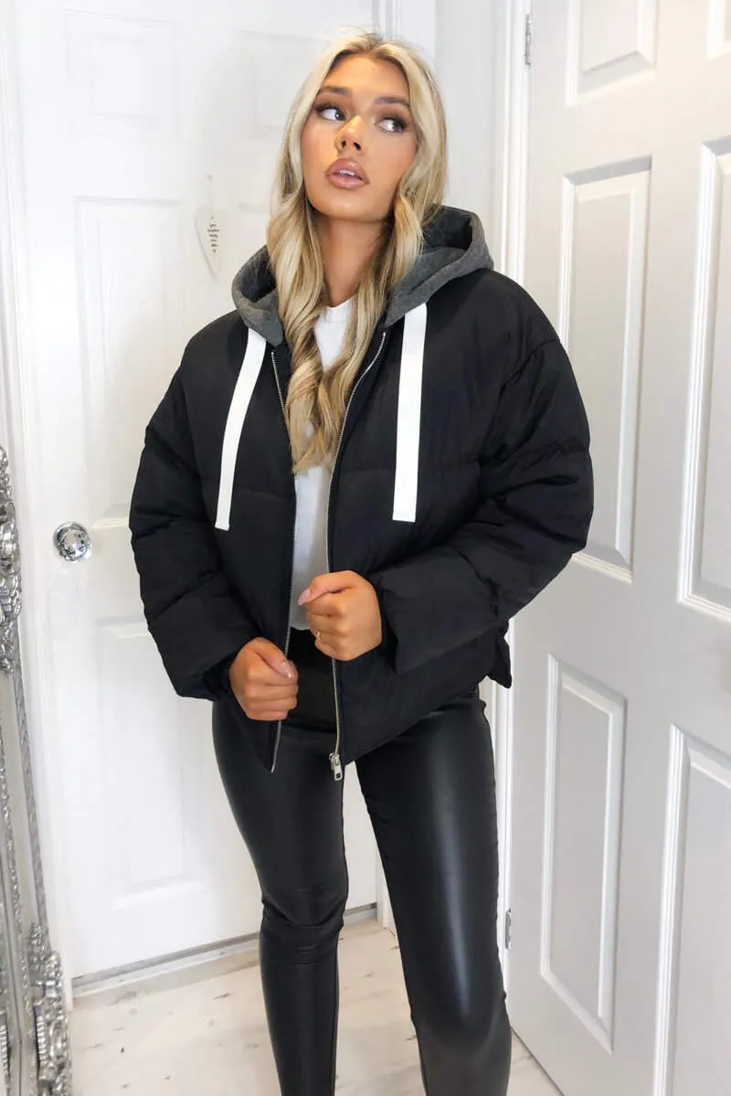 Black Fabric Hood Puffer Jacket