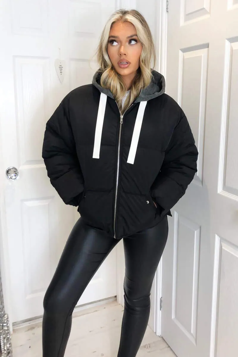 Black Fabric Hood Puffer Jacket