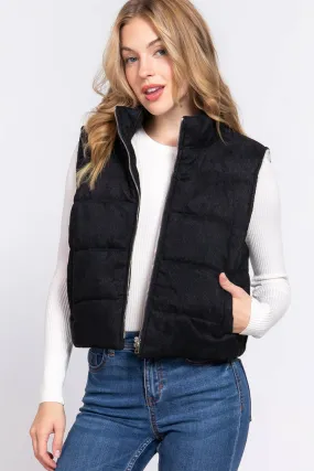 BLACK FAUX FUR CORDUROY PUFFER VEST