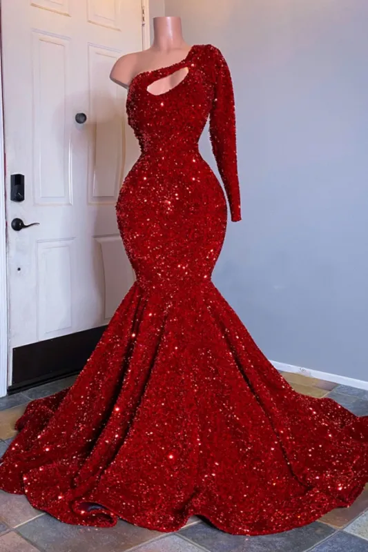 Black Girl Prom Dresses One Shoulder Mermaid Red Prom Dresses | Cheap Sequins Evening Gowns Q0140