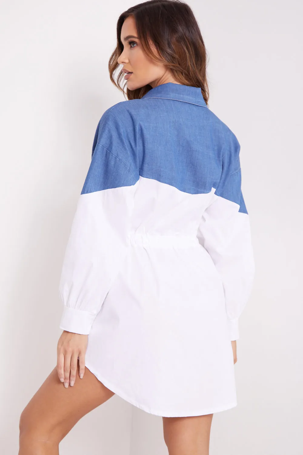 Blue and White Contrast Shirt Dress