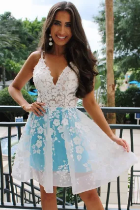 Blue v neck tulle lace short prom dress blue homecoming dress