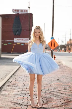 Blue v neck tulle short prom dress, blue homecoming dress