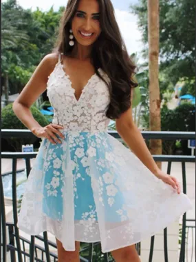 Blue V Neck Tulle White Lace Short Prom Dress, V Neck Lace Homecoming Dress