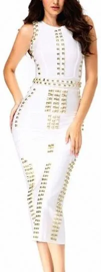 'Bradshaw' Gold Beaded Long Dress - White