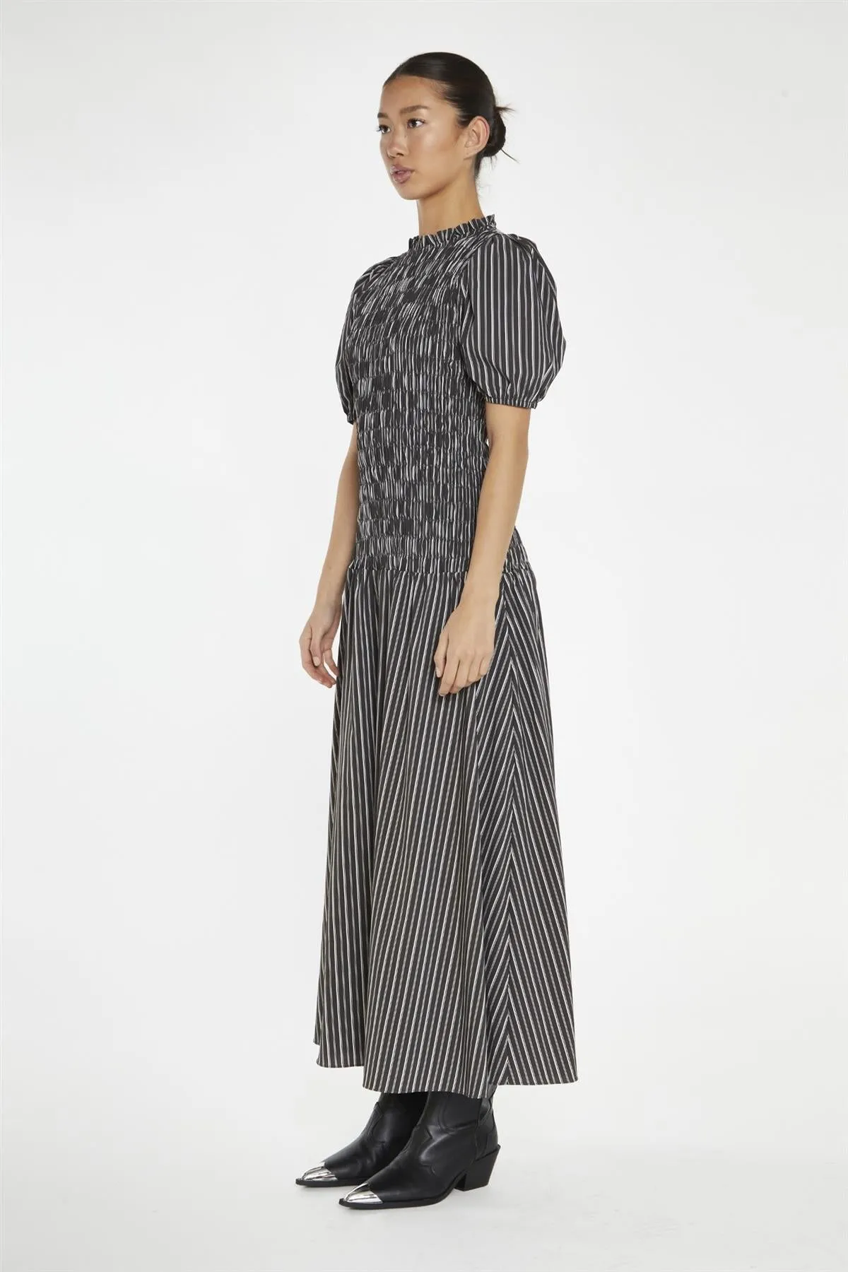 Brown-White Stripe Shirred Bodice Maxi-Dress