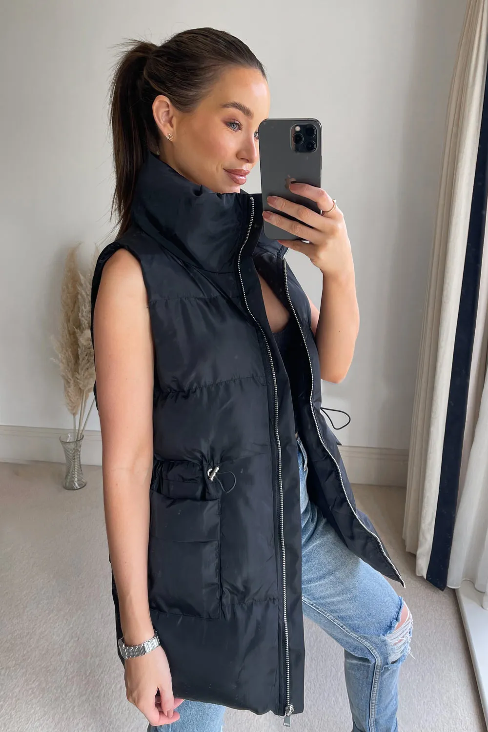 Cecelia Black Longline Puffer Drawstring Gilet