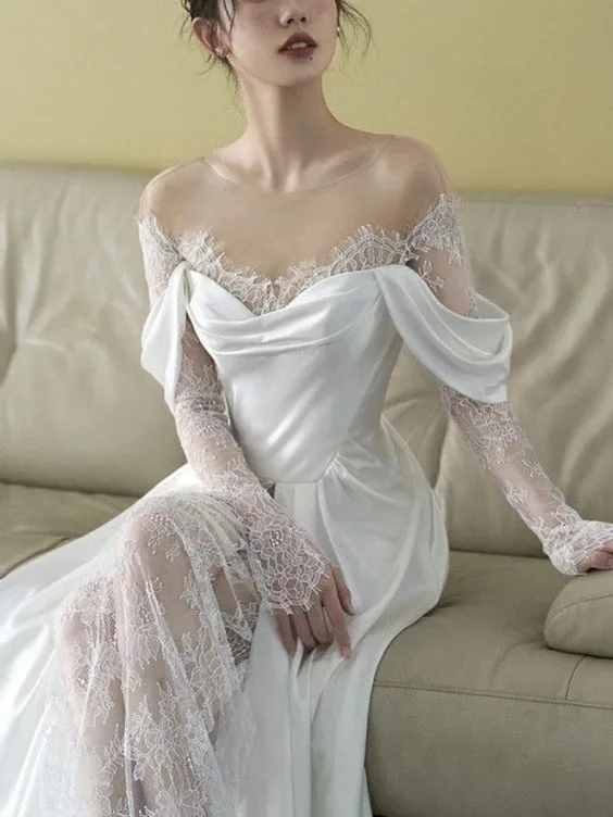 Charming White Satin Lace Long Prom Dress Wedding Dress SH968