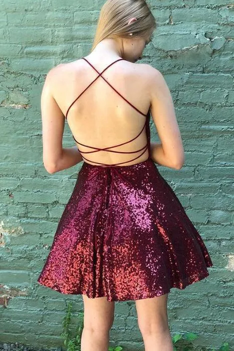 Criss Cross Back Burgundy Sequins Homecoming Dress Spaghetti Straps Sweet 16 Dress