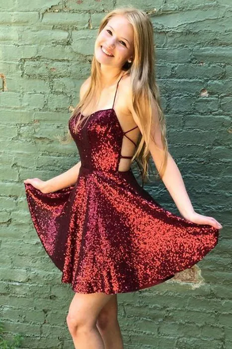 Criss Cross Back Burgundy Sequins Homecoming Dress Spaghetti Straps Sweet 16 Dress