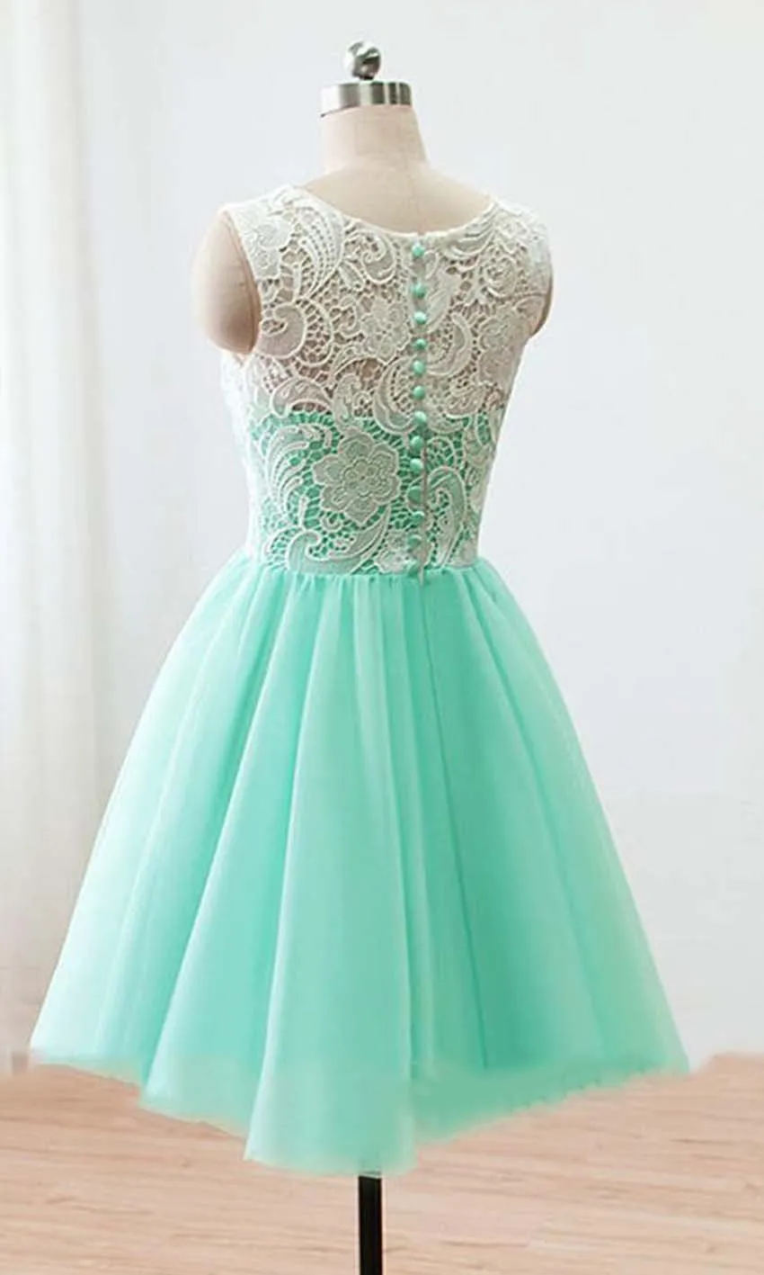 Custom Made A Line Round Neck Short Green/Yellow/Blue Lace Prom Dress, Short Lace Bridesmaid Dress, Homecoming Dress