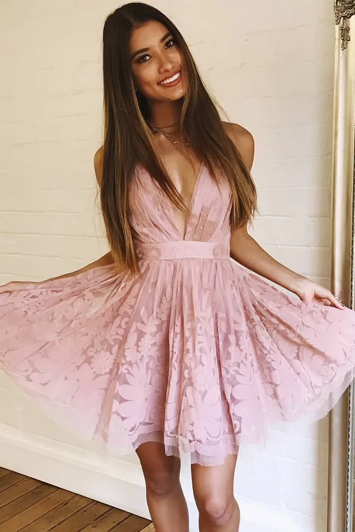 Cute Straps Pink Lace Homecoming Dress SA582