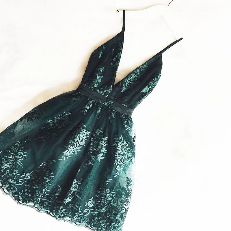 Dark Green Homecoming Dress, Short Hoco Dress P4179