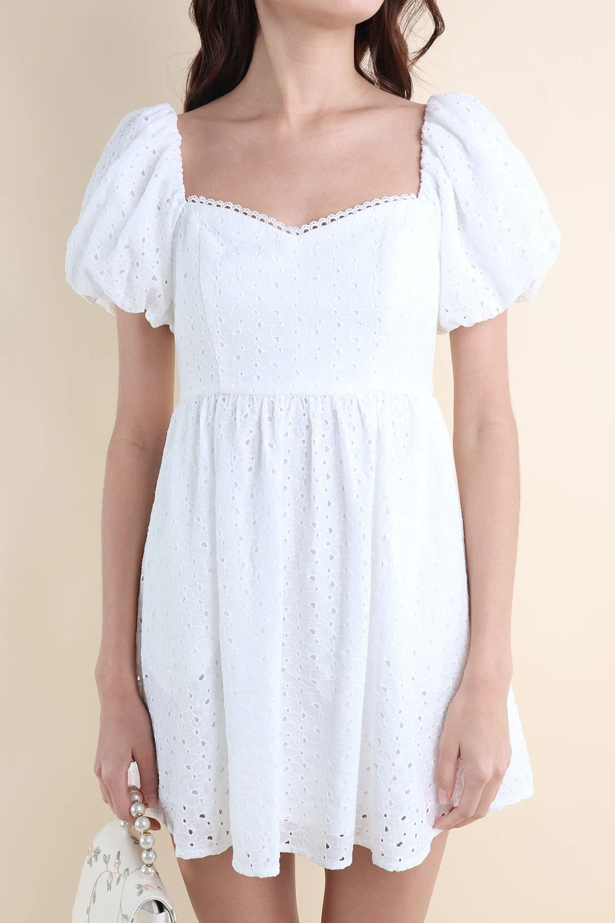 EMBER PUFF SLEEVES EYELET DRESS IN WHITE