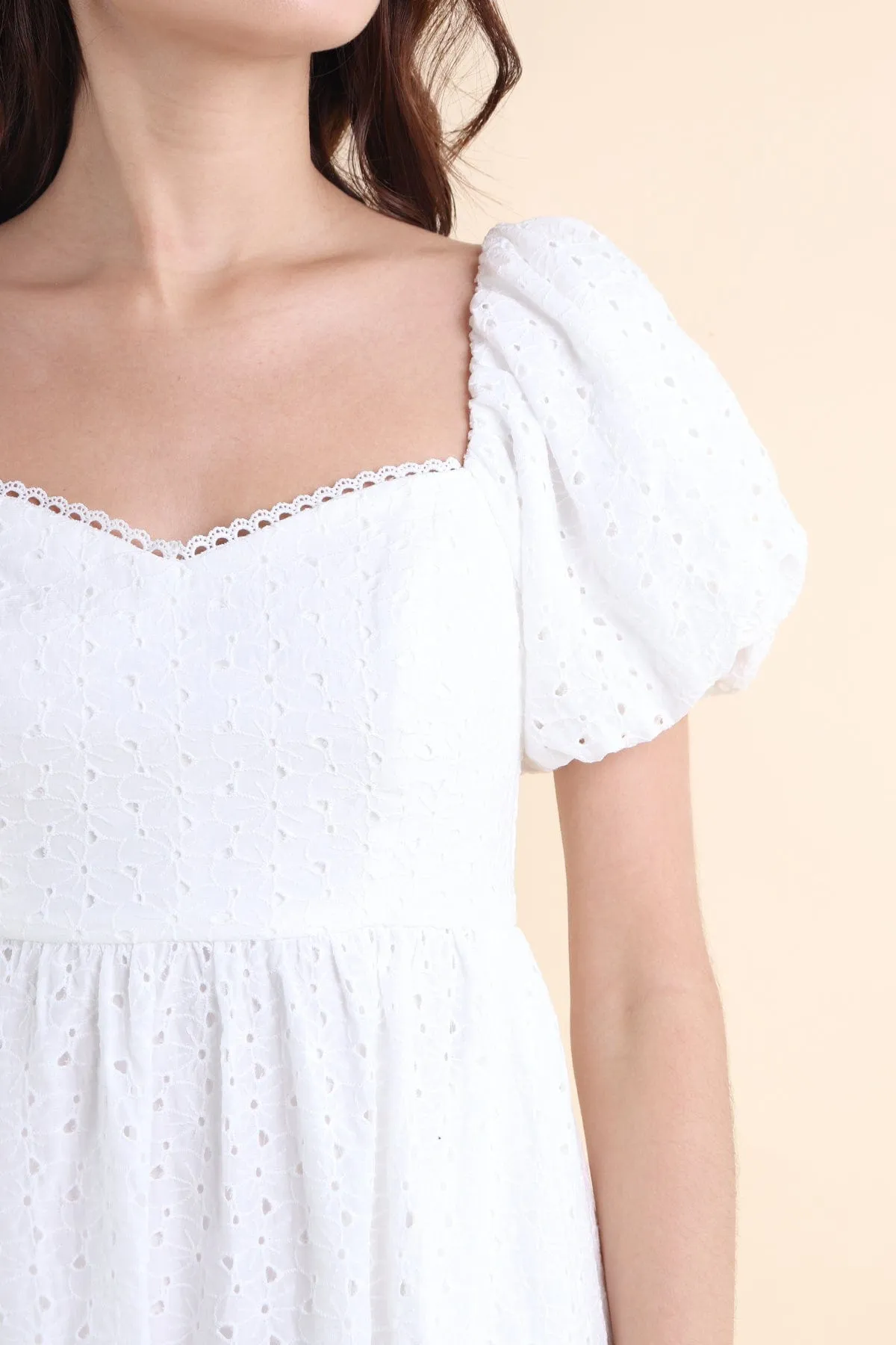 EMBER PUFF SLEEVES EYELET DRESS IN WHITE