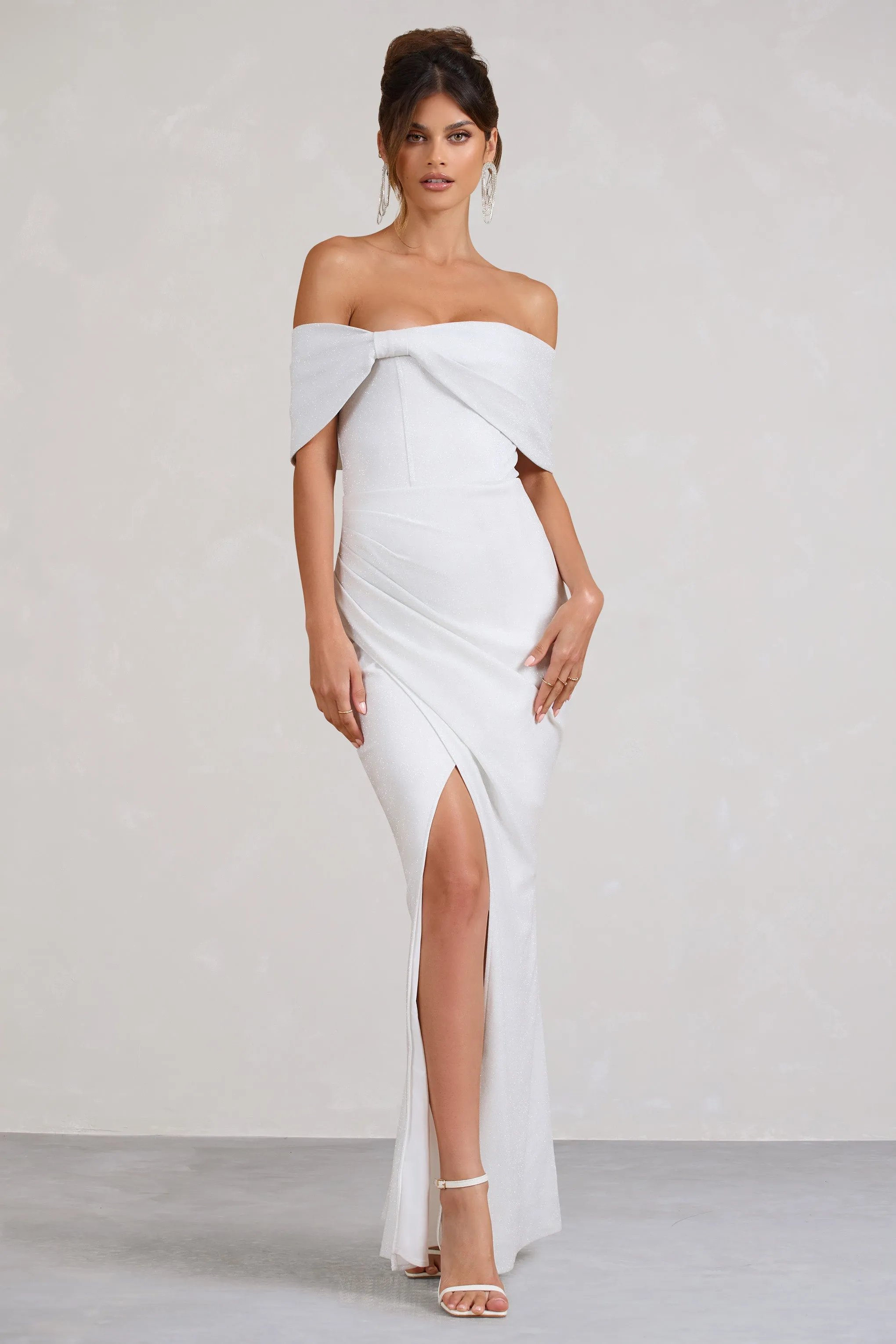 Eva | White Glitter Bardot Wrap Maxi Dress