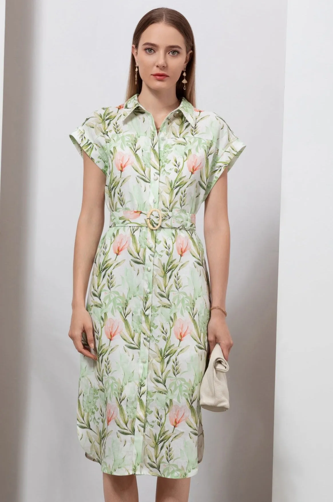 Frances Linen Midi Dress - White/Green - GDS