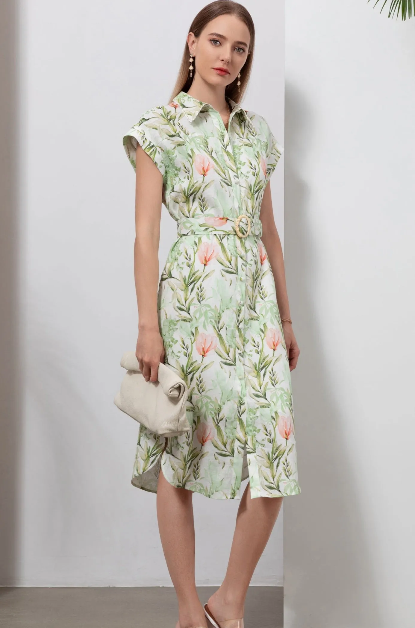 Frances Linen Midi Dress - White/Green - GDS