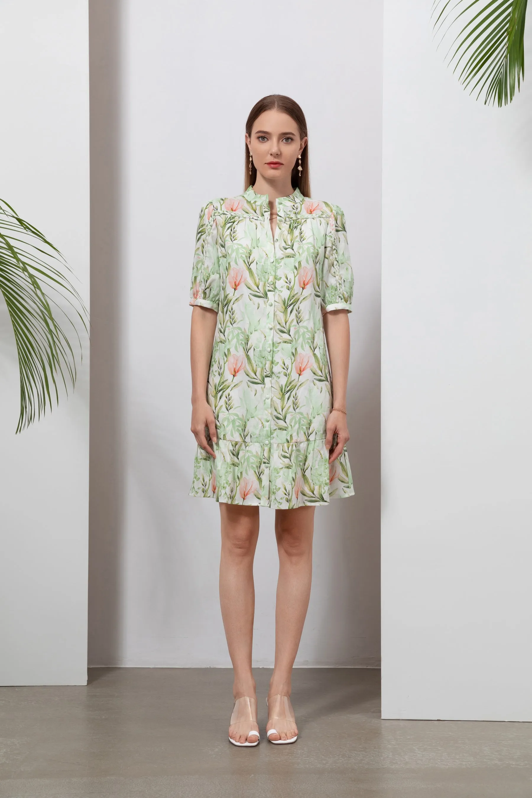 Frances Linen Short Dress - White/Green - GDS