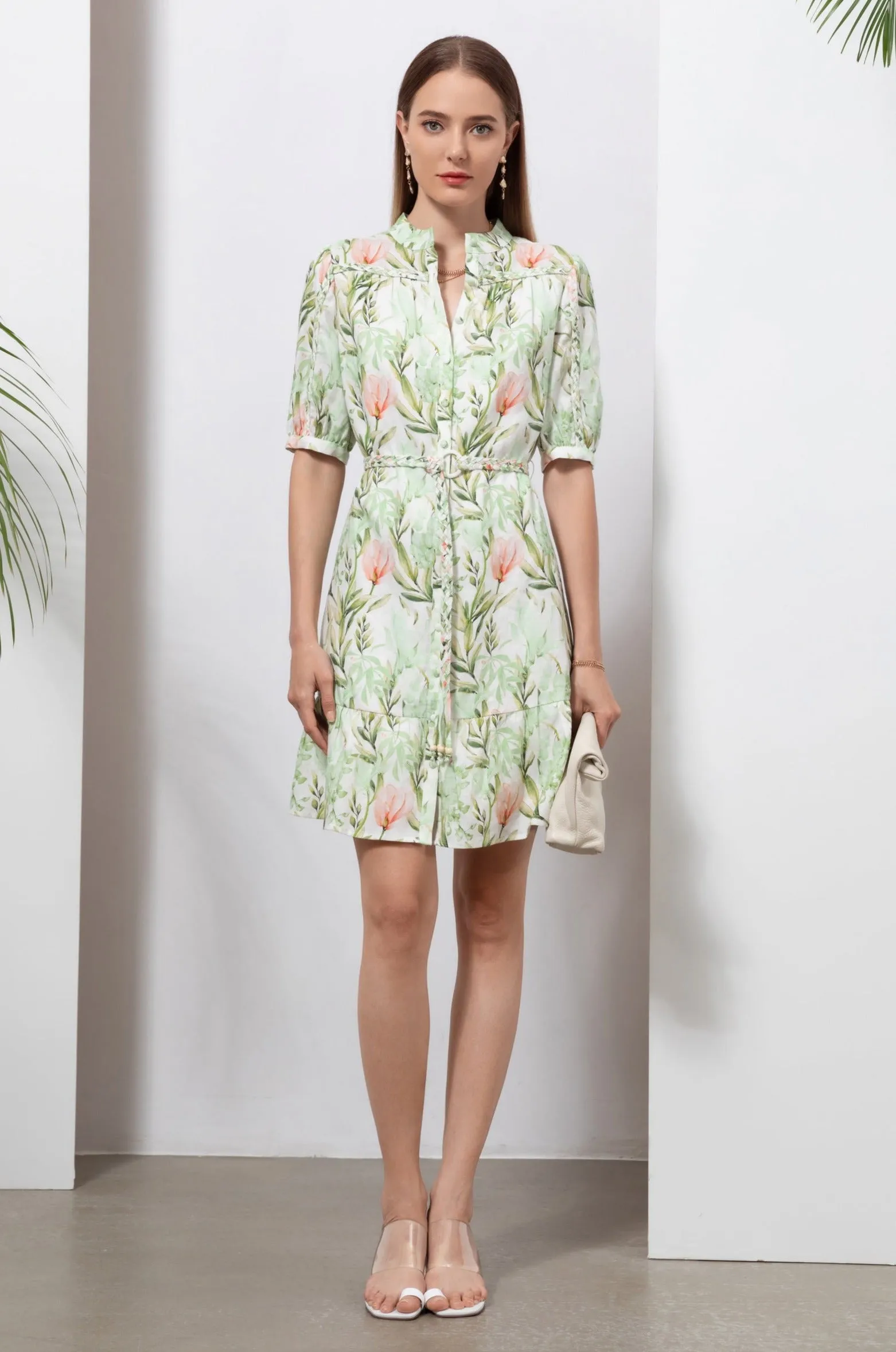 Frances Linen Short Dress - White/Green - GDS