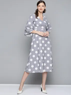 Grey & White Polka V-Neck Midi Dress