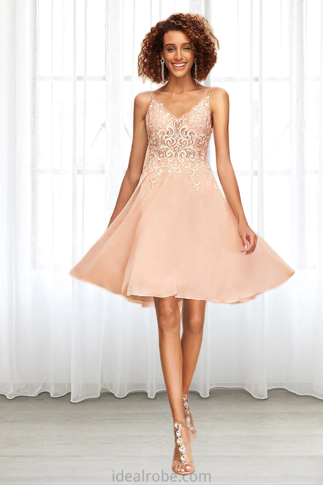 Jazlynn A-line V-Neck Knee-Length Chiffon Lace Homecoming Dress STKP0020527