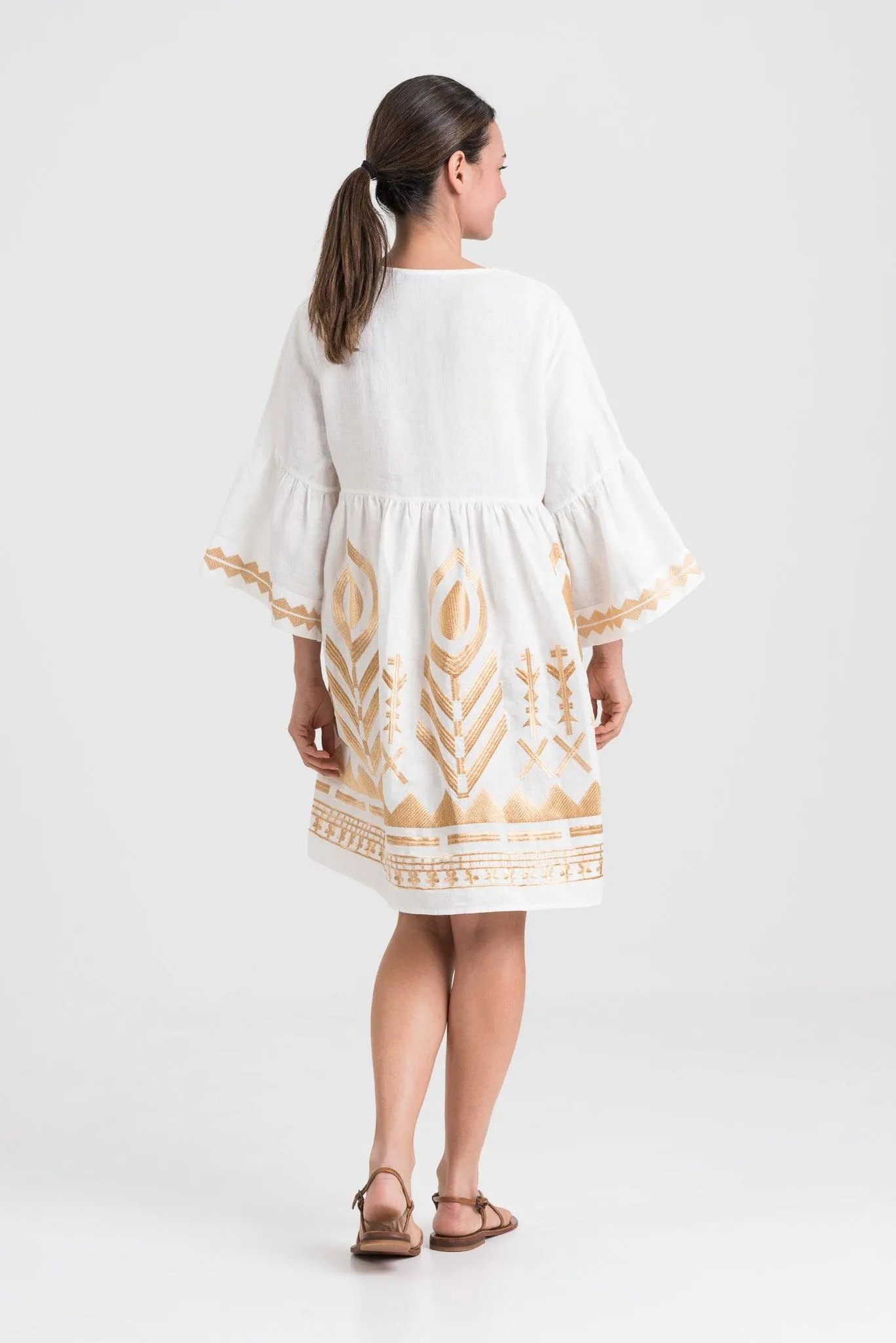 Kori Short Empire Linen Dress, White & Gold