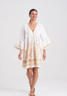 Kori Short Empire Linen Dress, White & Gold