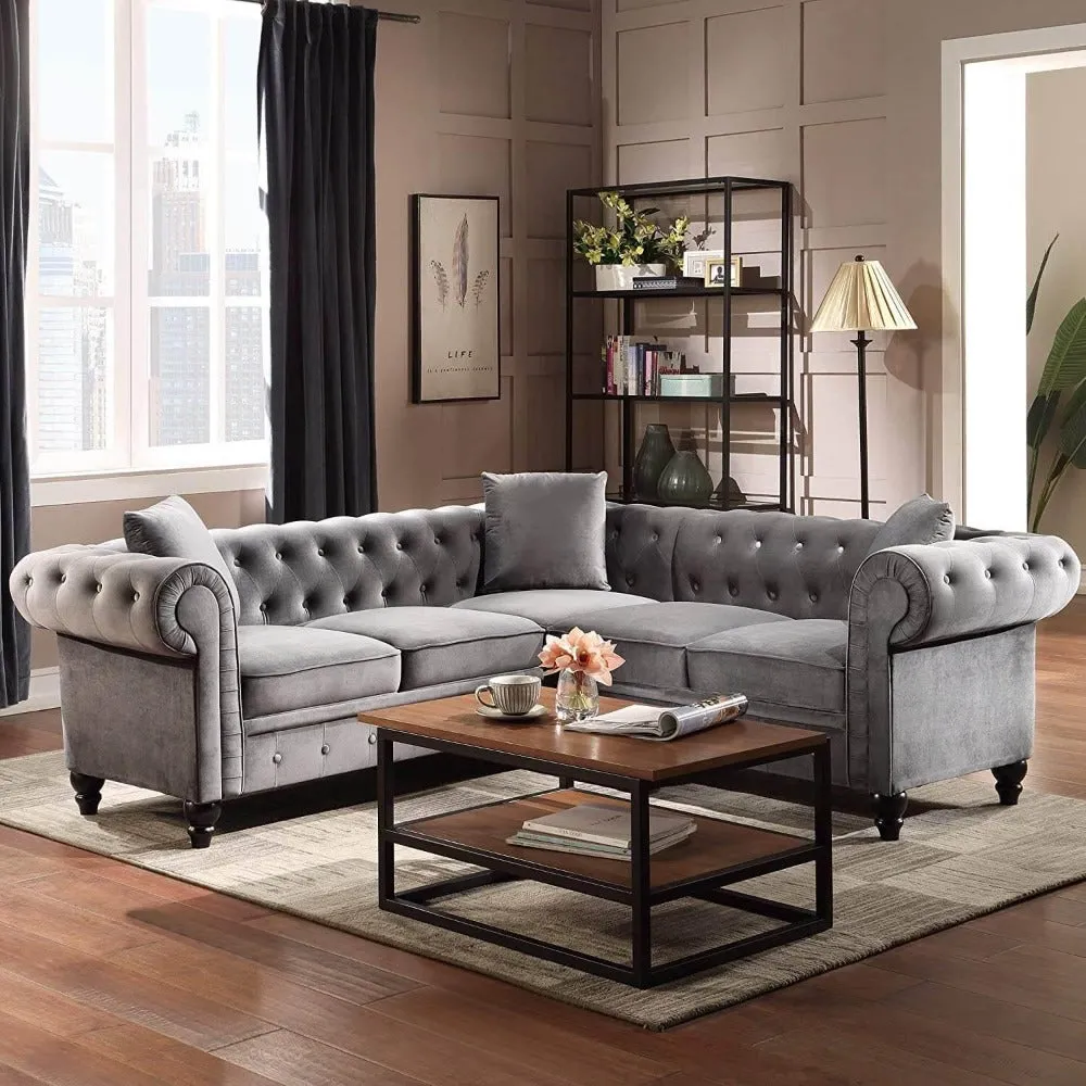 Krisp Chesterfield Sectional Sofa Set in Grey Colour