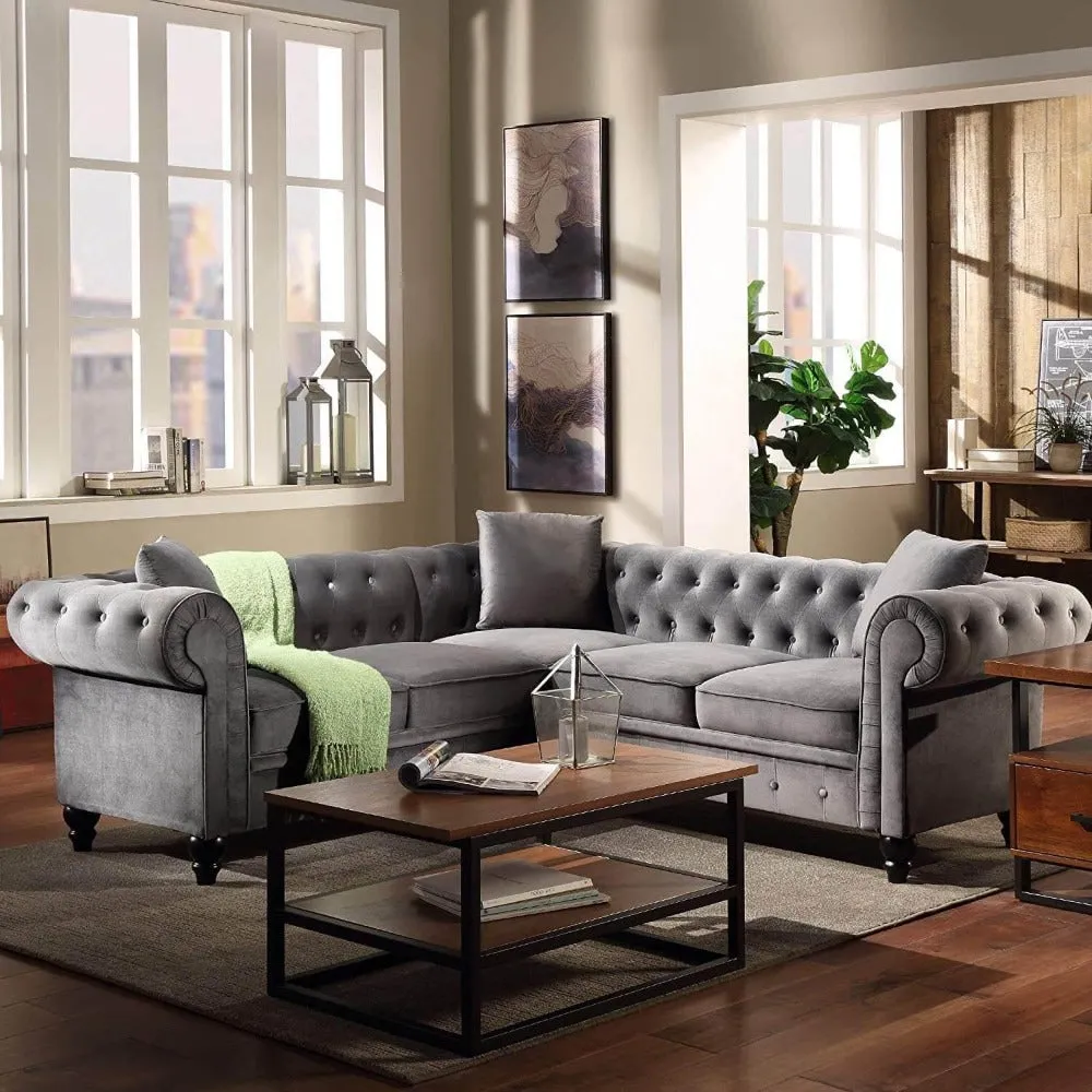 Krisp Chesterfield Sectional Sofa Set in Grey Colour