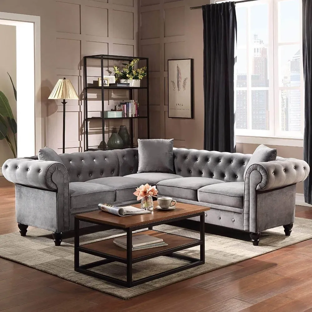 Krisp Chesterfield Sectional Sofa Set in Grey Colour