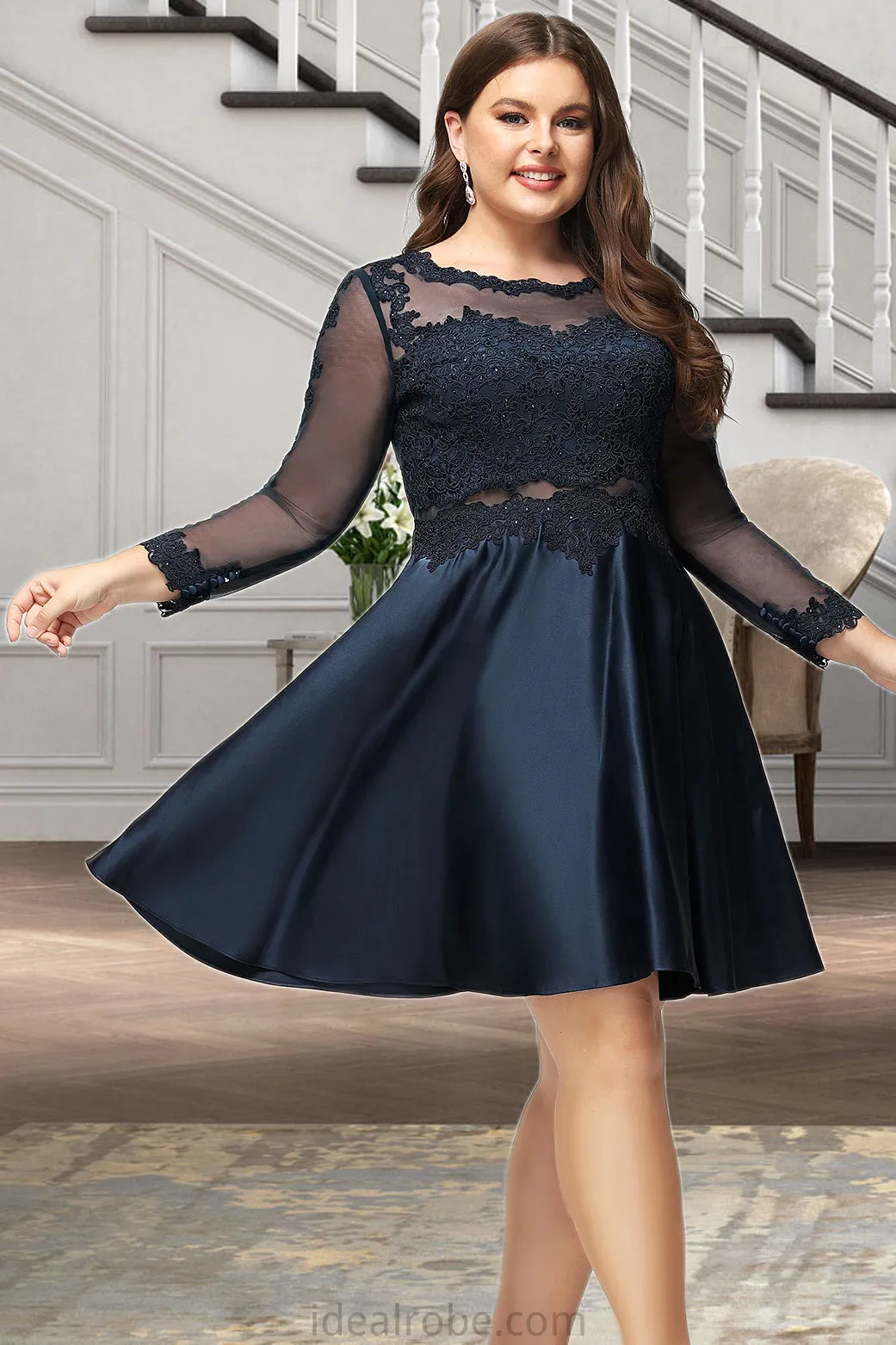 Laila A-line Scoop Short/Mini Lace Satin Homecoming Dress STKP0020494