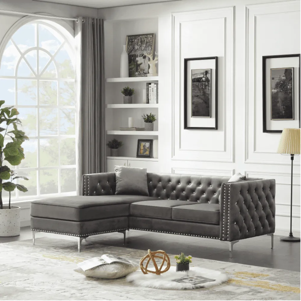 Lotus Grey Chesterfield Sectional Sofa Set