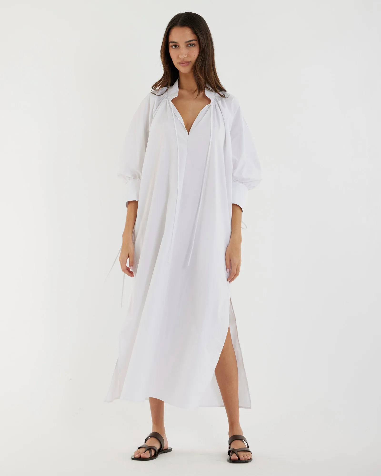 Marie Poplin Tie Dress - White