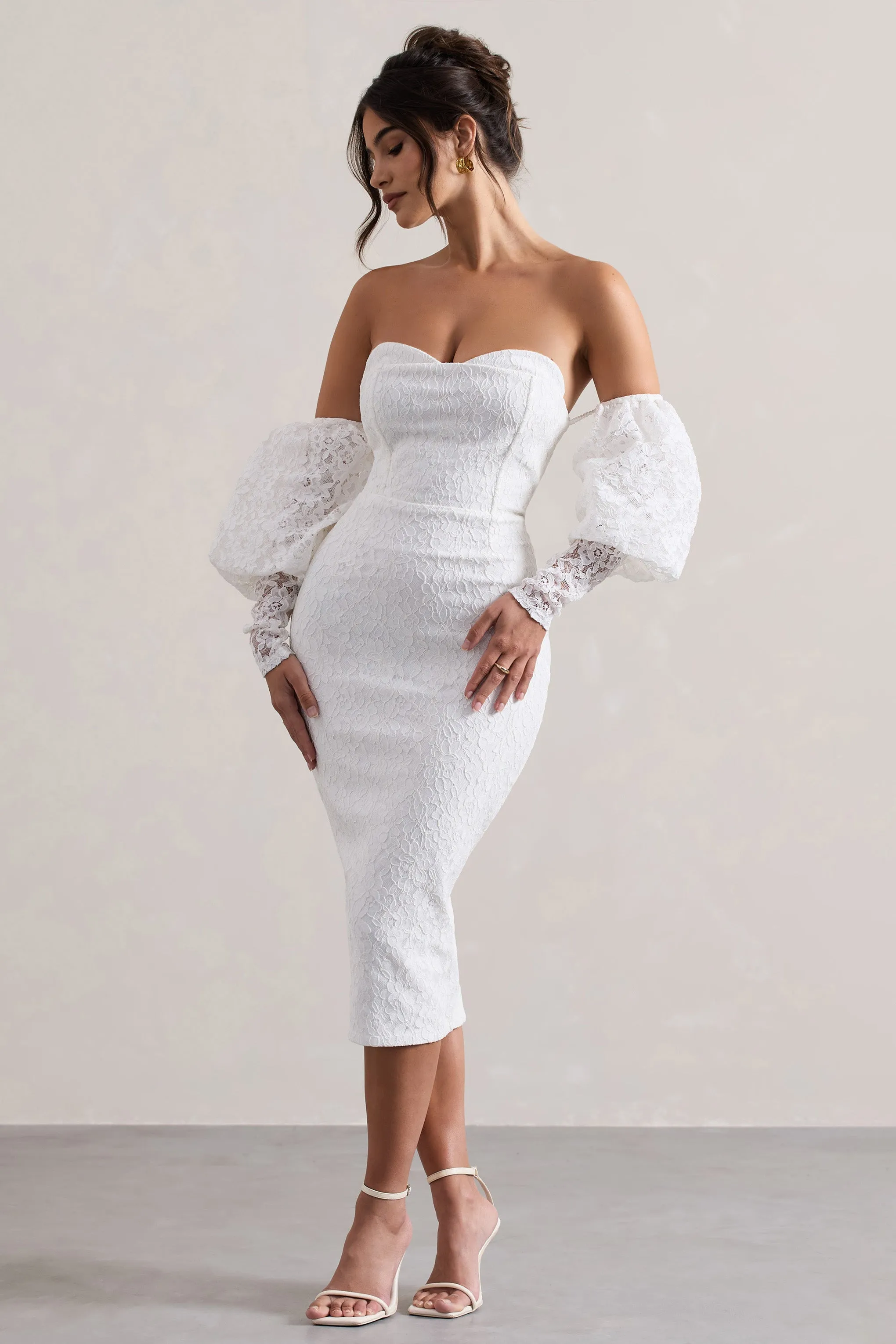 Mary | White Lace Bardot Puff-Sleeve Midi Dress