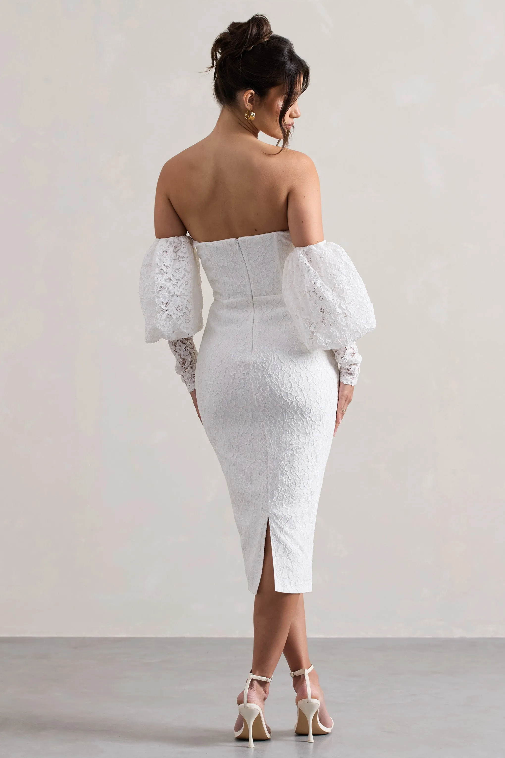 Mary | White Lace Bardot Puff-Sleeve Midi Dress